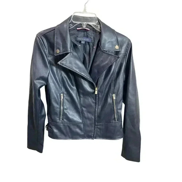Tommy Hilfiger Women's Small Faux-Leather Moto Biker Jacket Dark Blue - Picture 3 of 4